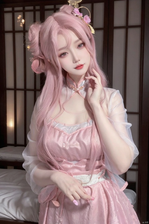  masterpiece,(best quality),official art, extremely detailed cg 8k wallpaper,((crystalstexture skin)), (extremely delicate and beautiful),highly detailed,1girl,solo,long hair,headwear,(standing),(white hair),(( dress)),, (chinese_clothes),(long_skirts),(long dress),((upper body)), (medium breasts),((hair_ornament)),(facial mark),(sunshine, indoor,(bed)),((looking_at_viewer)),((Facing the camera)),Chubby, pink clothes
