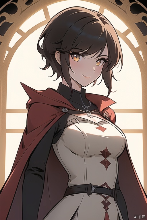 {{masterpiece}}, {{{best quality}}}, {{ultra-detailed}},{{illustration}},{1 girl},{solo},{red cape},{{hunter}},{{gothic dress}},black hair,{white eyes},{{landscape}},medium breasts,long bangs,side bangs,short hair,{RWBY},light smile,the upper body,
