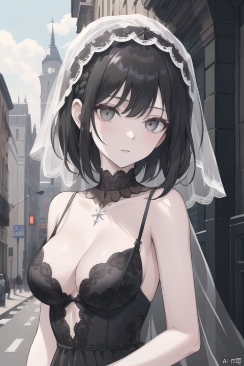 ((masterpiece)), (((best quality))), ((ultra-detailed)), ((illustration)), ((disheveled hair)),{pale skin},{1 mature female},adult,{solo},short hair,black hair,long bangs,expressionless,{grey eyes},{cityscape},{gothic},beautiful detailed eyes,{face focus},{face veil},{black wedding dress},black clothes,the upper body