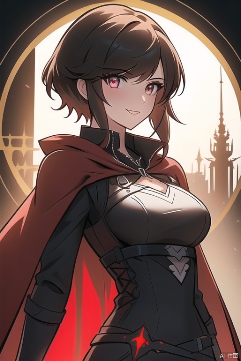 {{masterpiece}}, {{{best quality}}}, {{ultra-detailed}},{{illustration}},{1 girl},{solo},{red cape},{{hunter}},{{gothic dress}},black hair,{sliver eyes},{{landscape}},medium breasts,long bangs,side bangs,short hair,{RWBY},light smile,the upper body,