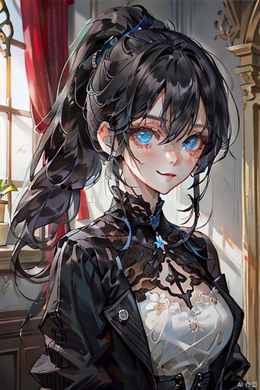 {{masterpiece}},  {{{best quality}}},  {{ultra-detailed}},  {{illustration}},  {1 mature female},  {{{age up}}},{solo},{{Yandere}},{incredible face details},medium hair,{pure black hair}, blue eyes,{{glazy face}},{{dark_persona}},{light smile}, beautiful detailed eyes,long hair between eyes,medium breasts,looking at viewer,{{indoor}},{gothic jacket},the upper body, {tied_hair}, {hair down}, {alternate hairstyle}, {low ponytail},