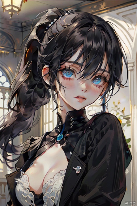 {{masterpiece}},  {{{best quality}}},  {{ultra-detailed}},  {{illustration}},  {1 mature female},  {{{age up}}},{solo},{{Yandere}},{incredible face details},medium hair,{pure black hair}, blue eyes,{{glazy face}},{{dark_persona}},{light smile}, beautiful detailed eyes,long hair between eyes,medium breasts,looking at viewer,{{indoor}},{gothic jacket},the upper body, {tied_hair}, {hair down}, {alternate hairstyle}, {low ponytail},