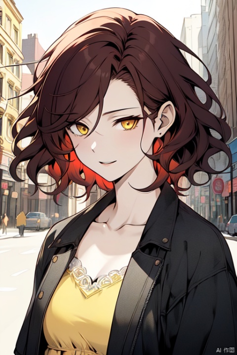 ((masterpiece)), (((best quality))), ((ultra-detailed)), ((illustration)), ((disheveled hair)), {pale skin}, {1 mature female}, {age up}, {solo}laughing,,short hair, {dark red hair}, wavy hair, yellow eyes,{cityscape}, {jacket}, {expressionless}, beautiful detailed eyes, looking at viewer,the upper body,{small breasts}