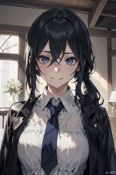 {{masterpiece}},  {{{best quality}}},  {{ultra-detailed}},  {{illustration}},  {1 mature female},  {{{age up}}},{solo},{{Yandere}},{incredible face details},medium hair,{pure black hair}, blue eyes,{{glazy face}},{{dark_persona}},{light smile}, beautiful detailed eyes,long hair between eyes,medium breasts,looking at viewer,{{indoor}},{jacket},the upper body, {tied_hair}, {hair down}, {alternate hairstyle}, {low ponytail},
