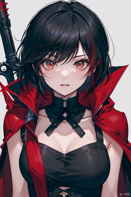 {{masterpiece}}, {{{best quality}}}, {{ultra-detailed}},{{illustration}},{youth},kawaii,{1 girl},{solo},{red cape},{{hunter}},{{gothic dress}},black hair,{sliver eyes},{{landscape}},medium breasts,long bangs,{{red hood}},short hair,{style of RWBY},the upper body,