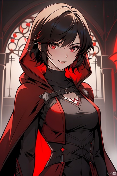 {{masterpiece}}, {{{best quality}}}, {{ultra-detailed}},{{illustration}},{1 girl},{solo},{red cape},{{hunter}},{{gothic dress}},black hair,{sliver eyes},{{landscape}},medium breasts,long bangs,{{red hood}},short hair,robe,{style of RWBY},light smile,the upper body,