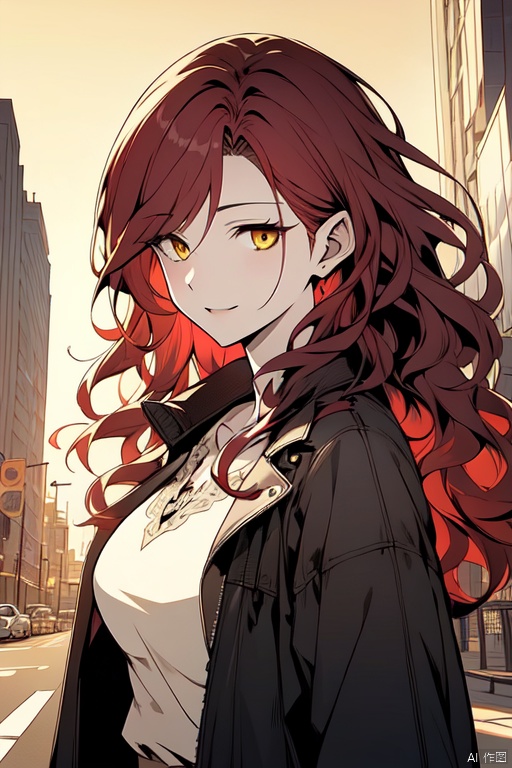 ((masterpiece)), (((best quality))), ((ultra-detailed)), ((illustration)), ((disheveled hair)), {pale skin}, {1 mature female}, {age up}, {solo}laughing,long hair, {dark red hair}, wavy hair, yellow eyes,{cityscape}, {jacket}, {expressionless}, beautiful detailed eyes, looking at viewer,the upper body,{medium breasts}