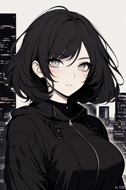  {{masterpiece}},{{best quality}}, {{ultra-detailed}}, {{illustration}},{{1 mature female}},{age up},{cool face},{solo},{{pale skin}},short hair,{pure black hair},long bangs,messy_hair,{{dark grey eyes}},{city scape},{{black jacket}},beautiful detailed eyes,{medium breasts},the upper body,expressionless,