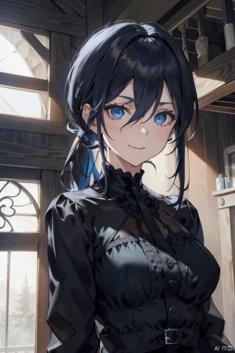 {{masterpiece}},  {{{best quality}}},  {{ultra-detailed}},  {{illustration}},  {1 mature female},  {{{age up}}},{solo},{{Yandere}},{incredible face details},medium hair,{pure black hair}, blue eyes,{{glazy face}},{{dark_persona}},{light smile}, beautiful detailed eyes,long hair between eyes,medium breasts,looking at viewer,{{indoor}},{gothic jacket},the upper body, {tied_hair}, {hair down}, {alternate hairstyle}, {low ponytail},