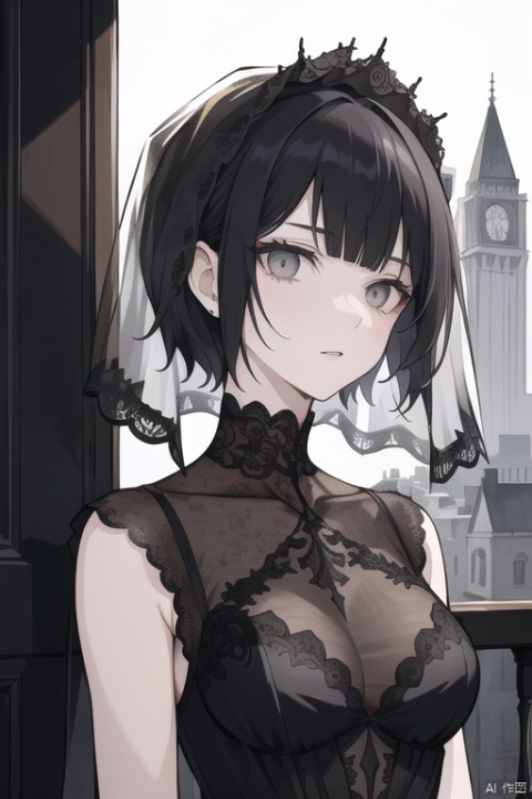 ((masterpiece)), (((best quality))), ((ultra-detailed)), ((illustration)), ((disheveled hair)),{pale skin},{1 mature female},adult,{solo},short hair,black hair,long bangs,expressionless,{grey eyes},{cityscape},{gothic},beautiful detailed eyes,{face focus},{face veil},{black wedding dress},black clothes,the upper body