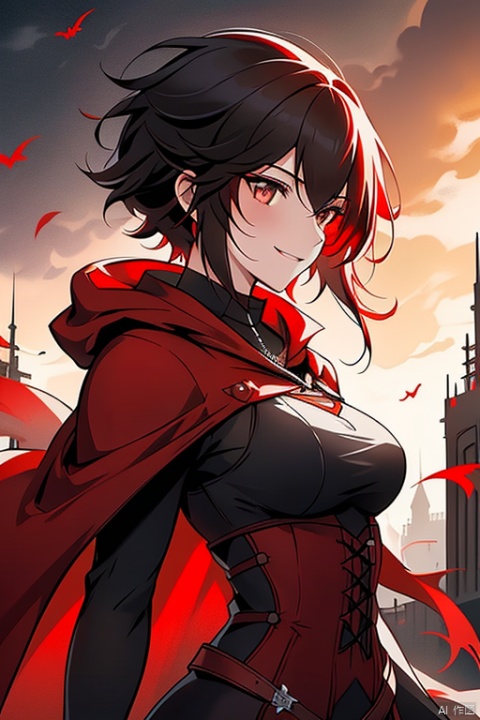 {{masterpiece}}, {{{best quality}}}, {{ultra-detailed}},{{illustration}},{1 girl},{solo},{red cape},{{hunter}},{{gothic dress}},black hair,{sliver eyes},{{landscape}},medium breasts,long bangs,{{red hood}},short hair,{style of RWBY},light smile,the upper body,