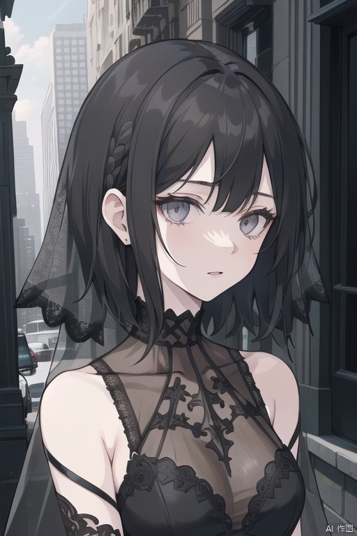((masterpiece)), (((best quality))), ((ultra-detailed)), ((illustration)), ((disheveled hair)),{pale skin},{1 mature female},*****,{solo},short hair,black hair,long bangs,expressionless,{grey eyes},{cityscape},{gothic clothes},beautiful detailed eyes,{face focus},{black veil},{black wedding dress},{black dress},the upper body