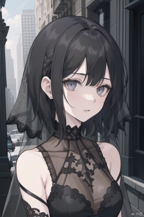 ((masterpiece)), (((best quality))), ((ultra-detailed)), ((illustration)), ((disheveled hair)),{pale skin},{1 mature female},adult,{solo},short hair,black hair,long bangs,expressionless,{grey eyes},{cityscape},{gothic clothes},beautiful detailed eyes,{face focus},{black veil},{black wedding dress},{black dress},the upper body