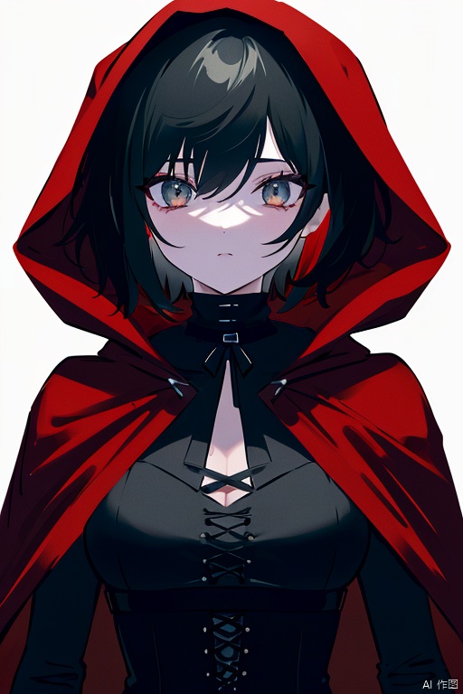 {{masterpiece}}, {{{best quality}}}, {{ultra-detailed}},{{illustration}},{youth},{{incredible face details}},{1 girl},{solo},{red cape},{{hunter}},{{gothic dress}},black hair,{sliver eyes},{{on landscape}},medium breasts,long bangs,{{red hood}},short hair,{style of RWBY},the upper body,