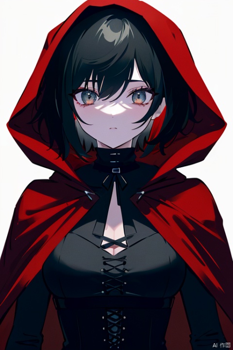 {{masterpiece}}, {{{best quality}}}, {{ultra-detailed}},{{illustration}},{youth},{{incredible face details}},{1 girl},{solo},{red cape},{{hunter}},{{gothic dress}},black hair,{sliver eyes},{{on landscape}},medium breasts,long bangs,{{red hood}},short hair,{style of RWBY},the upper body,