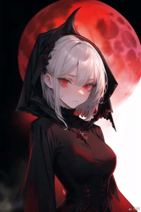  {{masterpiece}}, {{{best quality}}}, {{ultra-detailed}}, {{illustration}}, {1 mature milf}, {{{age up}}},{solo},{{Yandere}},medium hair, {pure white hair}, wavy hair, {red eyes}, expressionless,beautiful detailed eyes,sexy body, medium breasts, {background is landscape}, {gothic robe},black robe,{red moon}, the upper body,{{dark_persona}}