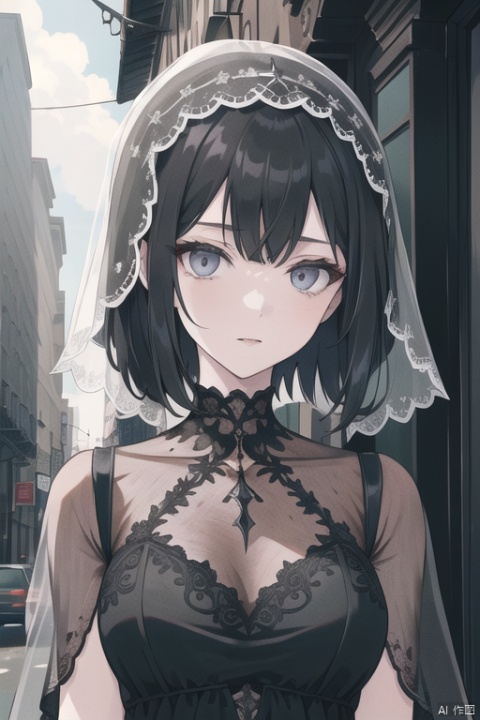 ((masterpiece)), (((best quality))), ((ultra-detailed)), ((illustration)), ((disheveled hair)),{pale skin},{1 mature female},adult,{solo},short hair,black hair,long bangs,expressionless,{grey eyes},{cityscape},{gothic},beautiful detailed eyes,{face focus},{face veil},{black wedding dress},black clothes,the upper body