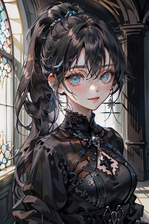 {{masterpiece}},  {{{best quality}}},  {{ultra-detailed}},  {{illustration}},  {1 mature female},  {{{age up}}},{solo},{{Yandere}},{incredible face details},medium hair,{pure black hair}, blue eyes,{{glazy face}},{{dark_persona}},{light smile}, beautiful detailed eyes,long hair between eyes,medium breasts,looking at viewer,{{indoor}},{gothic jacket},the upper body, {tied_hair}, {hair down}, {alternate hairstyle}, {low ponytail},