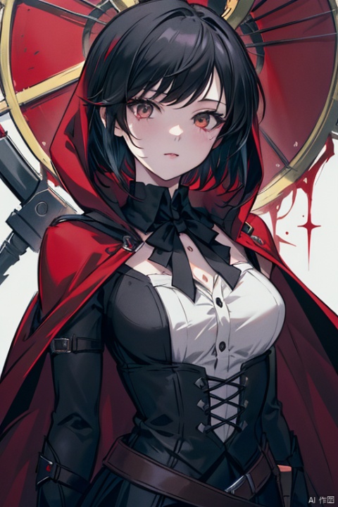 {{masterpiece}}, {{{best quality}}}, {{ultra-detailed}},{{illustration}},{youth},kawaii,{1 girl},{solo},{red cape},{{hunter}},{{gothic dress}},black hair,{sliver eyes},{{landscape}},medium breasts,long bangs,{{red hood}},short hair,{style of RWBY},the upper body,