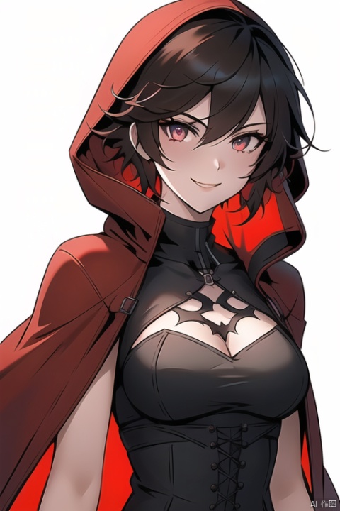 {{masterpiece}}, {{{best quality}}}, {{ultra-detailed}},{{illustration}},{1 girl},{solo},{red cape},{{hunter}},{{gothic dress}},black hair,{sliver eyes},{{landscape}},medium breasts,long bangs,{{red hood}},short hair,{RWBY},light smile,the upper body,