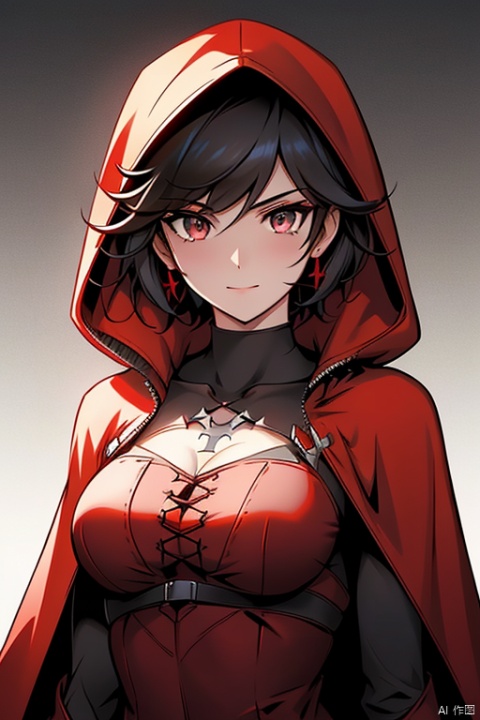 {{masterpiece}}, {{{best quality}}}, {{ultra-detailed}},{{illustration}},{1 girl},{solo},{red cape},{{hunter}},{{gothic dress}},black hair,{sliver eyes},{{landscape}},medium breasts,long bangs,{{red hood}},short hair,{style of RWBY},the upper body,