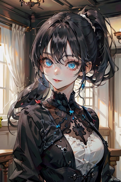 {{masterpiece}},  {{{best quality}}},  {{ultra-detailed}},  {{illustration}},  {1 mature female},  {{{age up}}},{solo},{{Yandere}},{incredible face details},medium hair,{pure black hair}, blue eyes,{{glazy face}},{{dark_persona}},{light smile}, beautiful detailed eyes,long hair between eyes,medium breasts,looking at viewer,{{indoor}},{gothic jacket},the upper body, {tied_hair}, {hair down}, {alternate hairstyle}, {low ponytail},