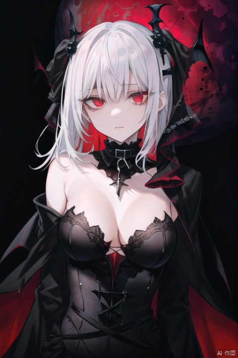  {{masterpiece}}, {{{best quality}}}, {{ultra-detailed}}, {{illustration}}, {1 mature milf}, {{{age up}}},{solo},{{Yandere}},medium hair, {pure white hair}, wavy hair, {red eyes}, expressionless,beautiful detailed eyes,sexy body, medium breasts, {background is landscape}, {gothic robe},black robe,{red moon}, the upper body,{{dark_persona}}