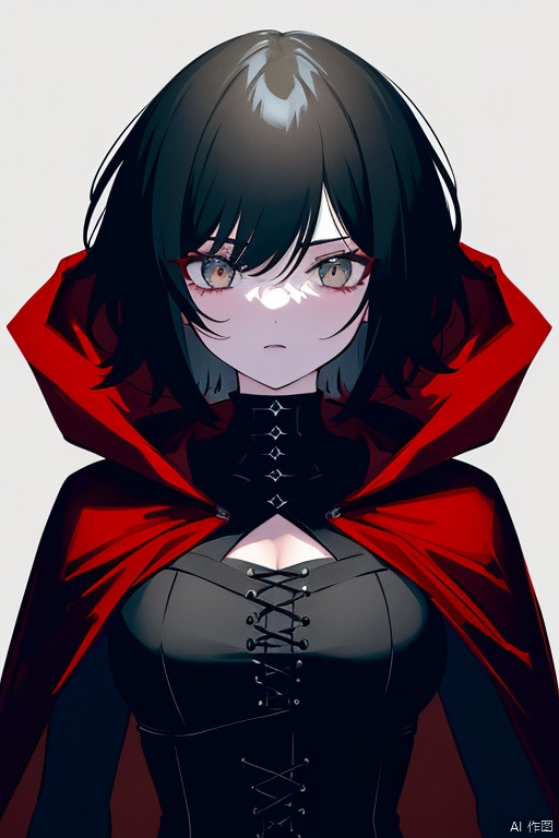 {{masterpiece}}, {{{best quality}}}, {{ultra-detailed}},{{illustration}},{youth},{{incredible face details}},{1 girl},{solo},{red cape},{{hunter}},{{gothic dress}},black hair,{sliver eyes},{{on landscape}},medium breasts,long bangs,{{red hood}},short hair,{style of RWBY},the upper body,