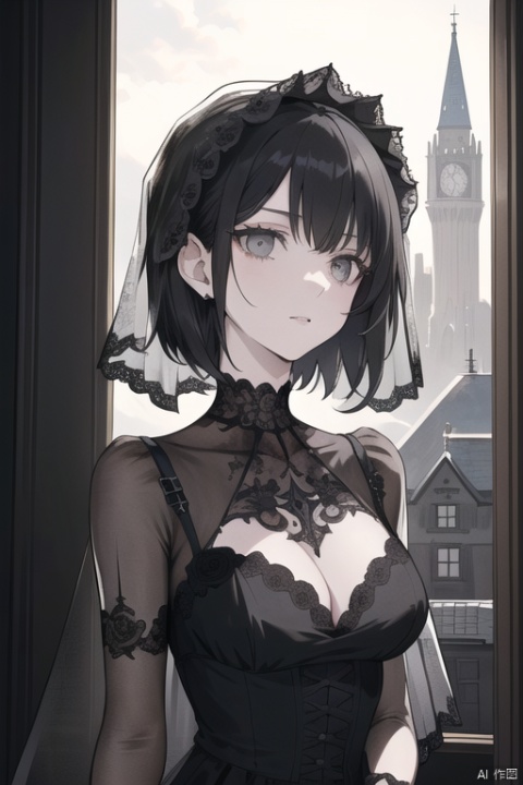 ((masterpiece)), (((best quality))), ((ultra-detailed)), ((illustration)), ((disheveled hair)),{pale skin},{1 mature female},adult,{solo},short hair,{pure black hair},long bangs,expressionless,{grey eyes},{cityscape},{gothic},beautiful detailed eyes,{face focus},{face veil},{black wedding dress},black clothes,the upper body