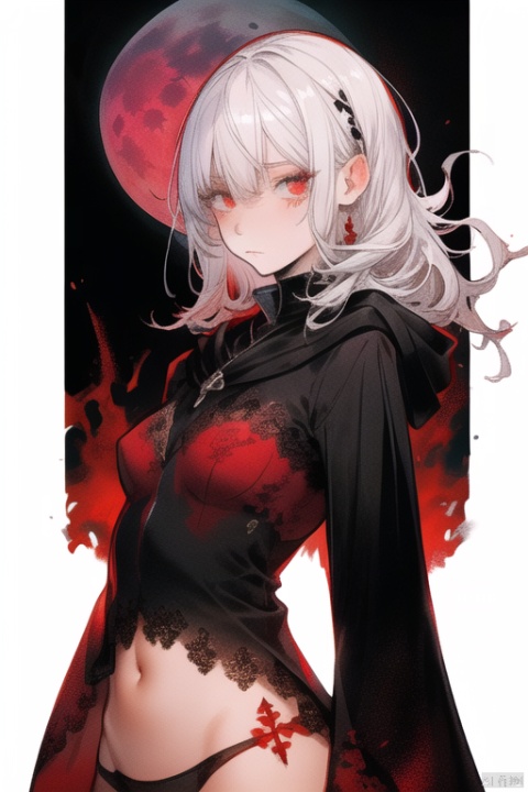  {{masterpiece}}, {{{best quality}}}, {{ultra-detailed}}, {{illustration}}, {1 mature milf}, {{{age up}}},{solo},{{Yandere}},medium hair, {pure white hair}, wavy hair, {red eyes}, expressionless,beautiful detailed eyes, medium breasts, {background is landscape}, {black robe}, {red moon}, the upper body,{{dark_persona}}