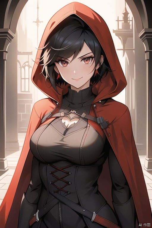 {{masterpiece}}, {{{best quality}}}, {{ultra-detailed}},{{illustration}},{1 girl},{solo},{red cape},{{hunter}},{{gothic dress}},black hair,{sliver eyes},{{landscape}},medium breasts,long bangs,{{red hood}},short hair,{RWBY},light smile,the upper body,