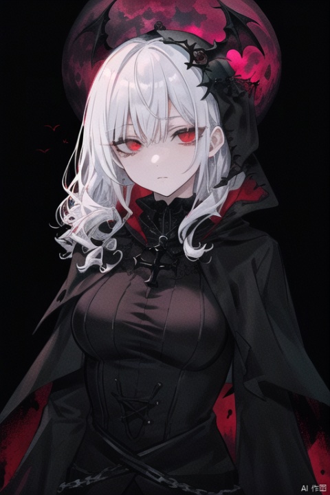  {{masterpiece}}, {{{best quality}}}, {{ultra-detailed}}, {{illustration}}, {1 mature milf}, {{{age up}}},{solo},{{Yandere}},medium hair, {pure white hair}, wavy hair, {red eyes}, expressionless,beautiful detailed eyes,sexy body, medium breasts, {background is landscape}, {gothic robe},black robe,{red moon}, the upper body,{{dark_persona}}