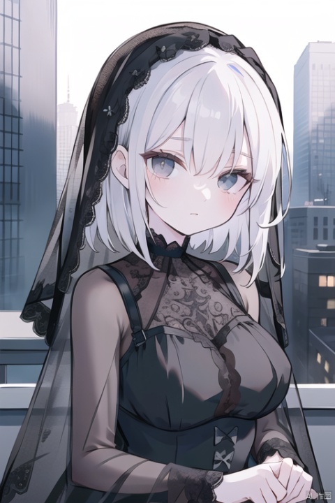 ((masterpiece)), (((best quality))), ((ultra-detailed)), ((illustration)), ((disheveled hair)),{pale skin},{1 mature female},adult,{solo},short hair,{pure black hair},long bangs,expressionless,black eyes,{cityscape},{gothic},beautiful detailed eyes,{face focus},{face veil},{black wedding dress},black clothes,the upper body
