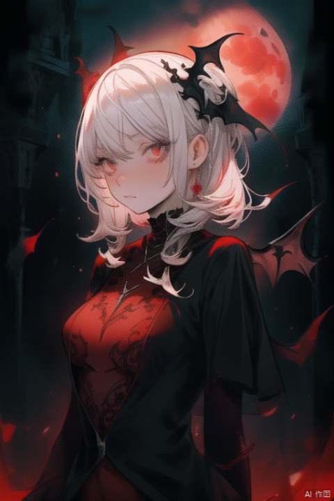  {{masterpiece}}, {{{best quality}}}, {{ultra-detailed}}, {{illustration}}, {1 mature milf}, {{{age up}}},{solo},{{Yandere}},medium hair, {pure white hair}, wavy hair, {red eyes}, expressionless,beautiful detailed eyes,sexy body, medium breasts, {background is landscape}, {gothic robe}, {red moon}, the upper body,{{dark_persona}}