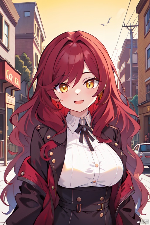  {{masterpiece}}, {{{best quality}}}, {{ultra-detailed}}, {{illustration}}, {1 mature milf}, {{age up}}, {solo},laughing,long hair, {dark red hair}, wavy hair, yellow eyes,{cityscape}, {jacket}, {expressionless}, beautiful detailed eyes, looking at viewer,the upper body,medium breasts