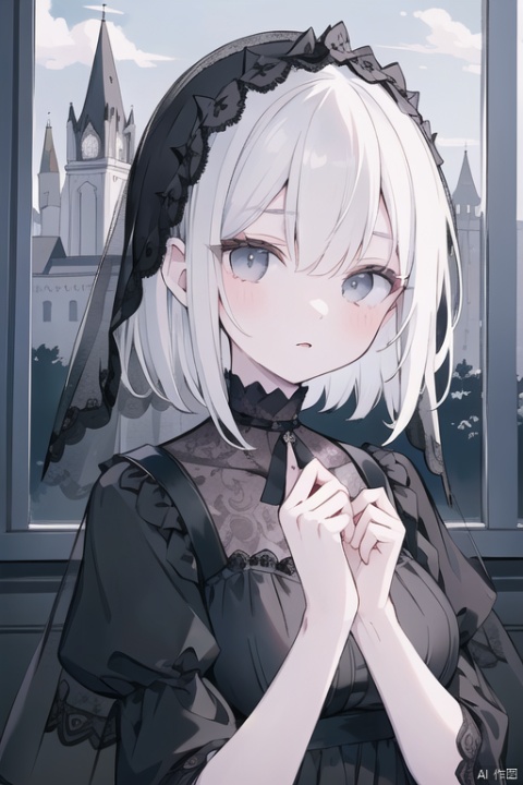 ((masterpiece)), (((best quality))), ((ultra-detailed)), ((illustration)), ((disheveled hair)),{pale skin},{1 mature female},adult,{solo},short hair,{pure black hair},long bangs,expressionless,{grey eyes},{cityscape},{gothic},beautiful detailed eyes,{face focus},{face veil},{black wedding dress},black clothes,the upper body