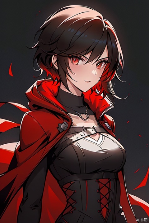 {{masterpiece}}, {{{best quality}}}, {{ultra-detailed}},{{illustration}},{1 girl},{solo},{red cape},{{hunter}},{{gothic dress}},black hair,{sliver eyes},{{landscape}},medium breasts,long bangs,{{red hood}},short hair,{style of RWBY},the upper body,