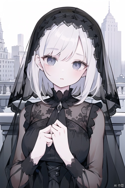 ((masterpiece)), (((best quality))), ((ultra-detailed)), ((illustration)), ((disheveled hair)),{pale skin},{1 mature female},*****,{solo},short hair,{pure black hair},long bangs,expressionless,black eyes,{cityscape},{gothic},beautiful detailed eyes,{face focus},{face veil},{black wedding dress},black clothes,the upper body