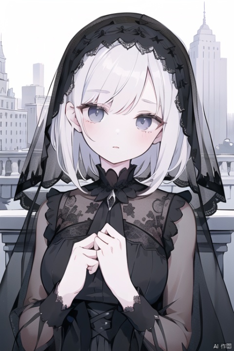 ((masterpiece)), (((best quality))), ((ultra-detailed)), ((illustration)), ((disheveled hair)),{pale skin},{1 mature female},adult,{solo},short hair,{pure black hair},long bangs,expressionless,black eyes,{cityscape},{gothic},beautiful detailed eyes,{face focus},{face veil},{black wedding dress},black clothes,the upper body