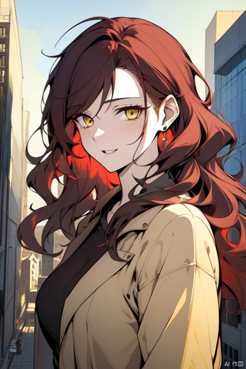 ((masterpiece)), (((best quality))), ((ultra-detailed)), ((illustration)), ((disheveled hair)), {pale skin}, {1 mature female}, {age up}, {solo}laughing,long hair, {dark red hair}, wavy hair, yellow eyes,{cityscape}, {jacket}, {expressionless}, beautiful detailed eyes, looking at viewer,the upper body,{medium breasts}