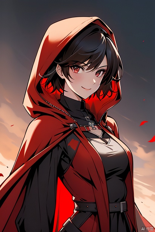 {{masterpiece}}, {{{best quality}}}, {{ultra-detailed}},{{illustration}},{1 girl},{solo},{red cape},{{hunter}},{{gothic dress}},black hair,{sliver eyes},{{landscape}},medium breasts,long bangs,{{red hood}},short hair,robe,{style of RWBY},light smile,the upper body,