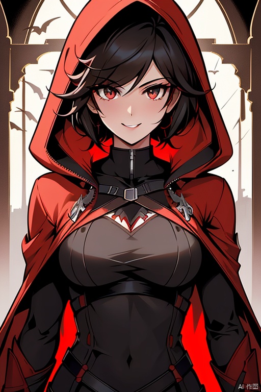 {{masterpiece}}, {{{best quality}}}, {{ultra-detailed}},{{illustration}},{1 girl},{solo},{red cape},{{hunter}},{{gothic dress}},black hair,{sliver eyes},{{landscape}},medium breasts,long bangs,{{red hood}},short hair,{style of RWBY},light smile,the upper body,