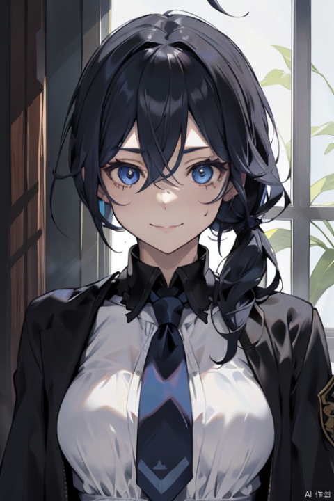 {{masterpiece}},  {{{best quality}}},  {{ultra-detailed}},  {{illustration}},  {1 mature female},  {{{age up}}},{solo},{{Yandere}},{incredible face details},medium hair,{pure black hair}, blue eyes,{{glazy face}},{{dark_persona}},{light smile}, beautiful detailed eyes,long hair between eyes,medium breasts,looking at viewer,{{indoor}},{jacket},the upper body, {tied_hair}, {hair down}, {alternate hairstyle}, {low ponytail},