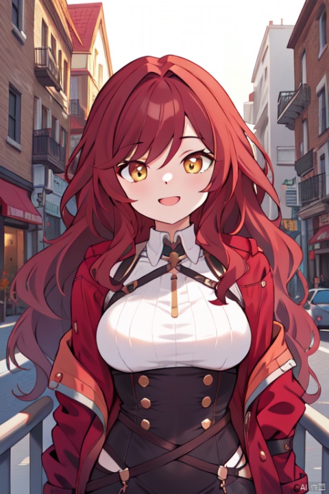  {{masterpiece}}, {{{best quality}}}, {{ultra-detailed}}, {{illustration}}, {1 mature milf}, {{age up}}, {solo},laughing,long hair, {dark red hair}, wavy hair, yellow eyes,{cityscape}, {jacket}, {expressionless}, beautiful detailed eyes, looking at viewer,the upper body,medium breasts