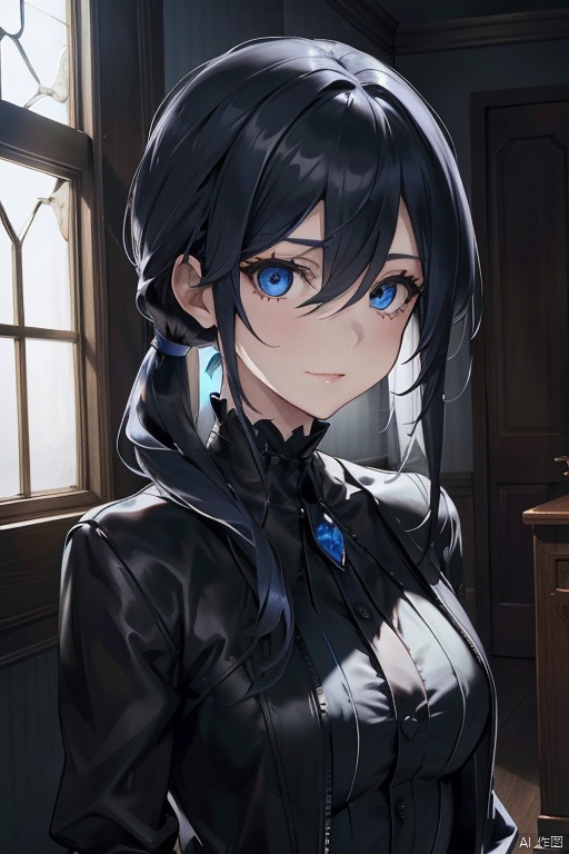 {{masterpiece}},  {{{best quality}}},  {{ultra-detailed}},  {{illustration}},  {1 mature female},  {{{age up}}},{solo},{{Yandere}},{incredible face details},medium hair,{pure black hair}, blue eyes,{{glazy face}},{{dark_persona}},{light smile}, beautiful detailed eyes,long hair between eyes,medium breasts,looking at viewer,{{indoor}},{gothic jacket},the upper body, {tied_hair}, {hair down}, {alternate hairstyle}, {low ponytail},
