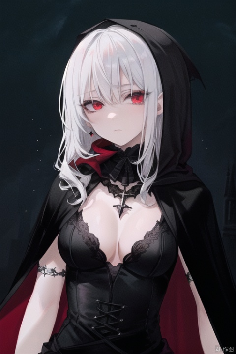  {{masterpiece}}, {{{best quality}}}, {{ultra-detailed}}, {{illustration}}, {1 mature milf}, {{{age up}}},{solo},{{Yandere}},medium hair, {pure white hair}, wavy hair, {red eyes},cape, expressionless,beautiful detailed eyes,sexy body, medium breasts, {background is landscape}, {gothic robe},black robe,{red moon}, the upper body,{{dark_persona}}