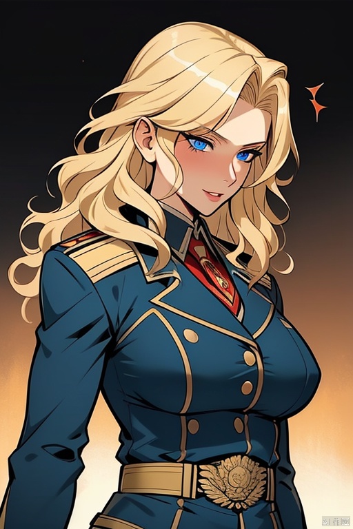  {{masterpiece}}, {{{best quality}}}, {{ultra-detailed}}, {{illustration}}, {1 mature milf}, {{age up}}, {solo}, {on battlefield}, medium hair, blonde hair,{blue eyes}, wavy hair, {{military uniform}}, {military officials}, the upper body,