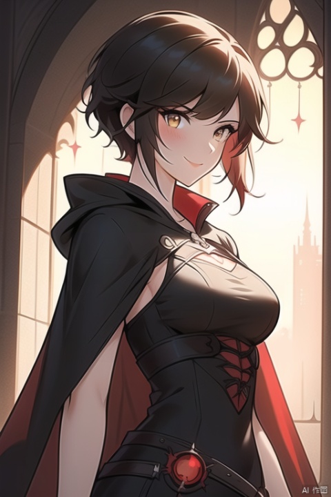 {{masterpiece}}, {{{best quality}}}, {{ultra-detailed}},{{illustration}},{1 girl},{solo},{red cape},{{hunter}},{{gothic dress}},black hair,{white eyes},{{landscape}},medium breasts,long bangs,side bangs,short hair,{RWBY},light smile,the upper body,