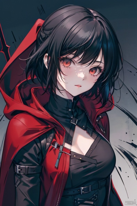 {{masterpiece}}, {{{best quality}}}, {{ultra-detailed}},{{illustration}},{youth},kawaii,{1 girl},{solo},{red cape},{{hunter}},{{gothic dress}},black hair,{sliver eyes},{{landscape}},medium breasts,long bangs,{{red hood}},short hair,{style of RWBY},the upper body,