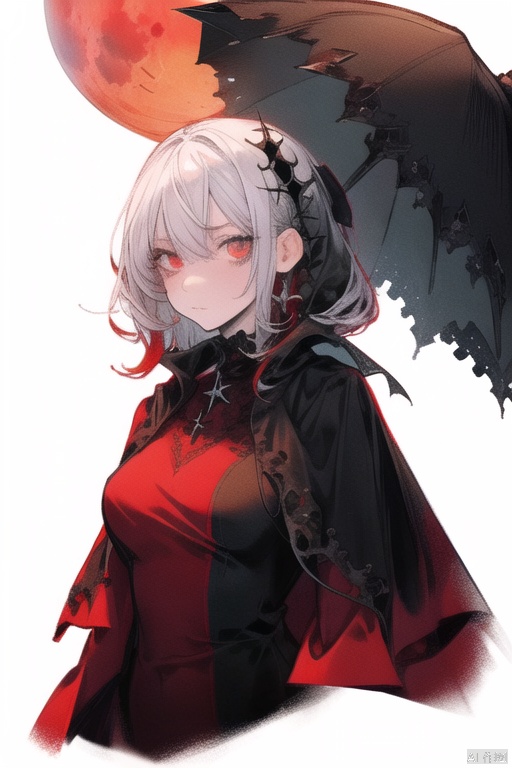  {{masterpiece}}, {{{best quality}}}, {{ultra-detailed}}, {{illustration}}, {1 mature milf}, {{{age up}}},{solo},{{Yandere}},medium hair, {pure white hair}, wavy hair, {red eyes}, expressionless,beautiful detailed eyes,sexy body, medium breasts, {background is landscape}, {gothic robe}, {red moon}, the upper body,{{dark_persona}}